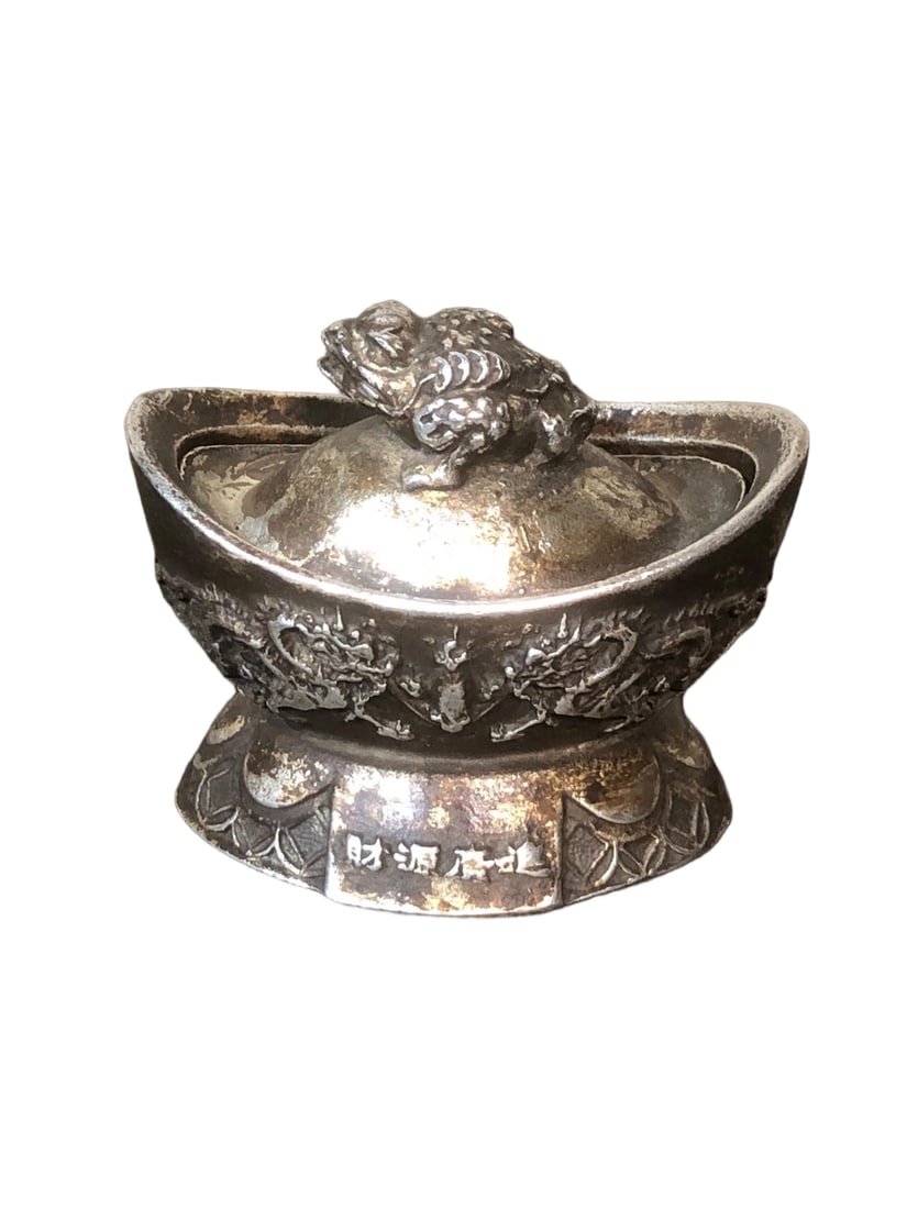 High-relief white bronze gilt silver carving of two dragons playing with a pearl, symbolizing: A white bronze gilded silver high-relief carving of two dragons playing with a pearl, symbolizing abundant wealth, in a golden toad treasure basin. It has a rich, aged patina, is in perfect condition,