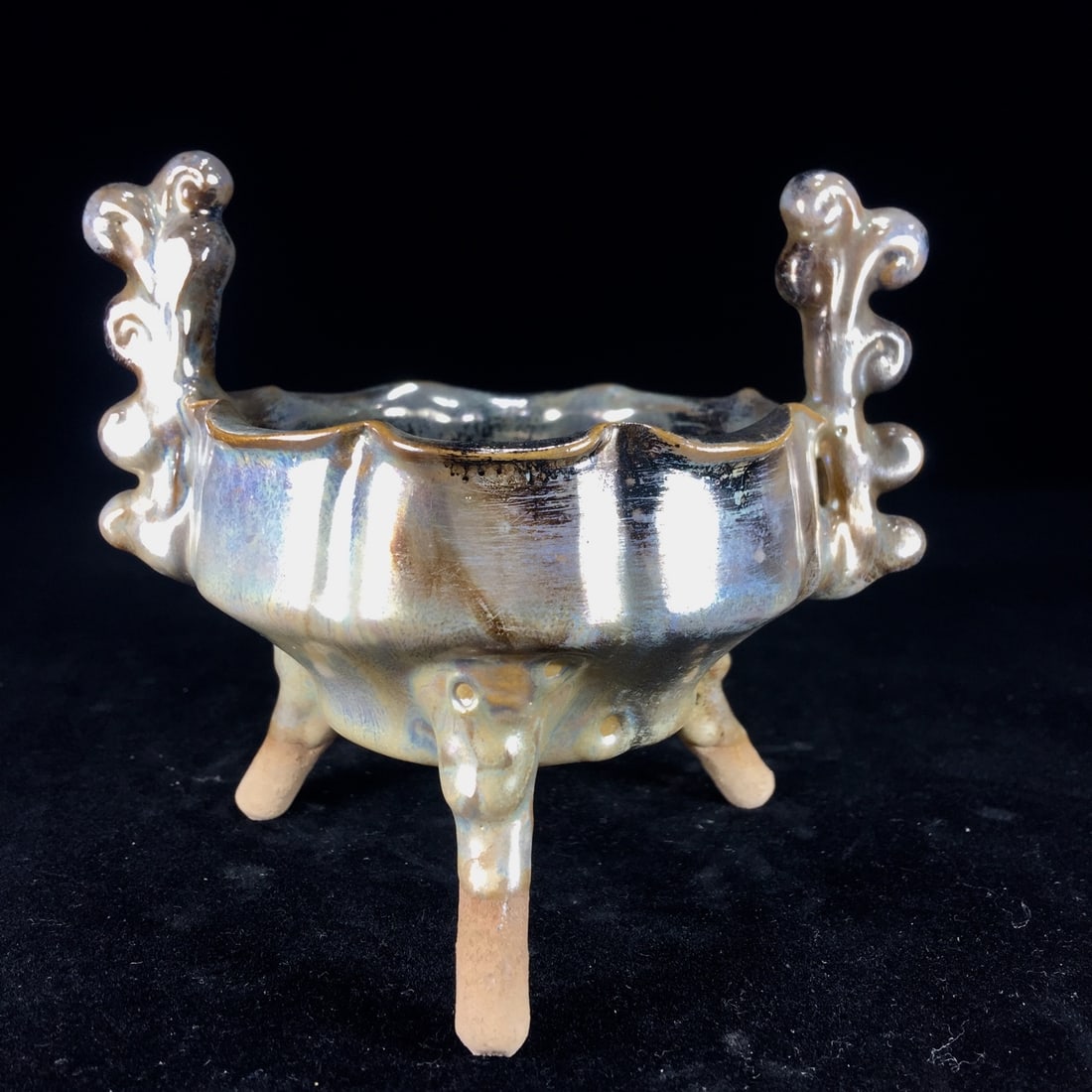 A silver-glazed incense burner with a lustrous, weathered finish. (1 of 9)