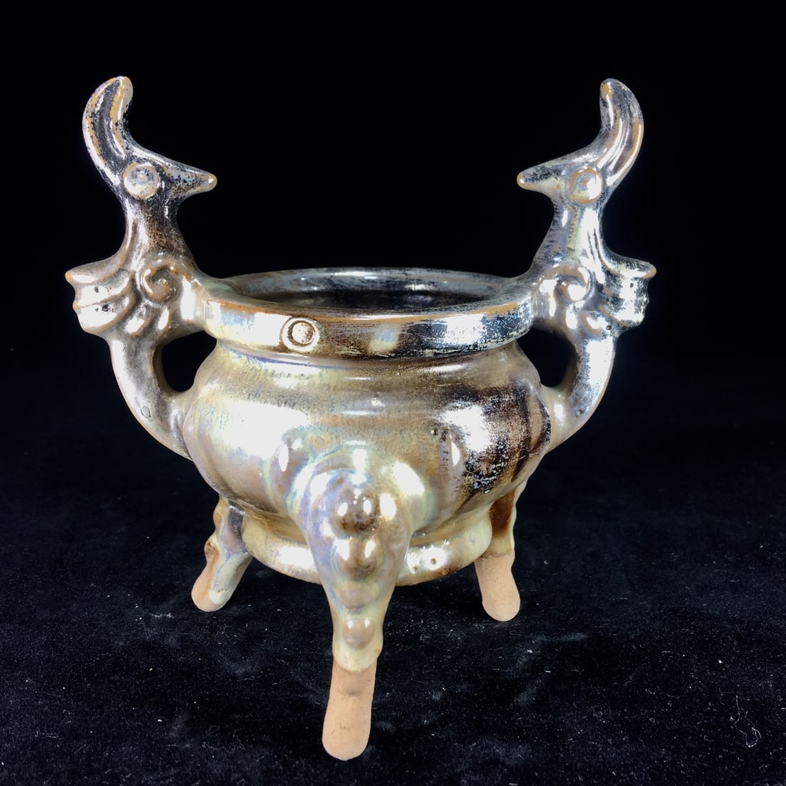 A silver-glazed incense burner with a lustrous, weathered finish. (1 of 9)