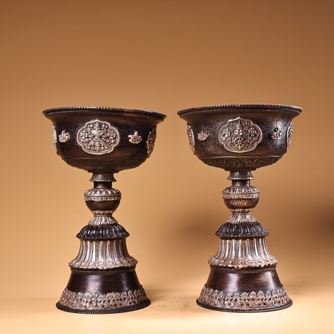 A pair of Nepalese and Tibetan craft pure copper, handmade, high-relief, chased, and silver-gilt (1 of 9)