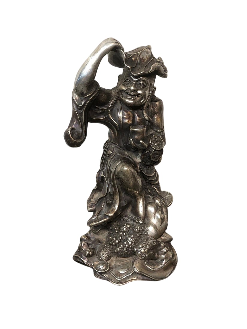 White bronze gilded silver Liu Hai playing with a golden toad figurine: white bronze gilded silver Liu Hai playing with a golden toad figurine, with a rich, aged patina, in perfect condition, and a grand design. It measures 9.5cm in length, 9.5cm in width, and 20cm in hei
