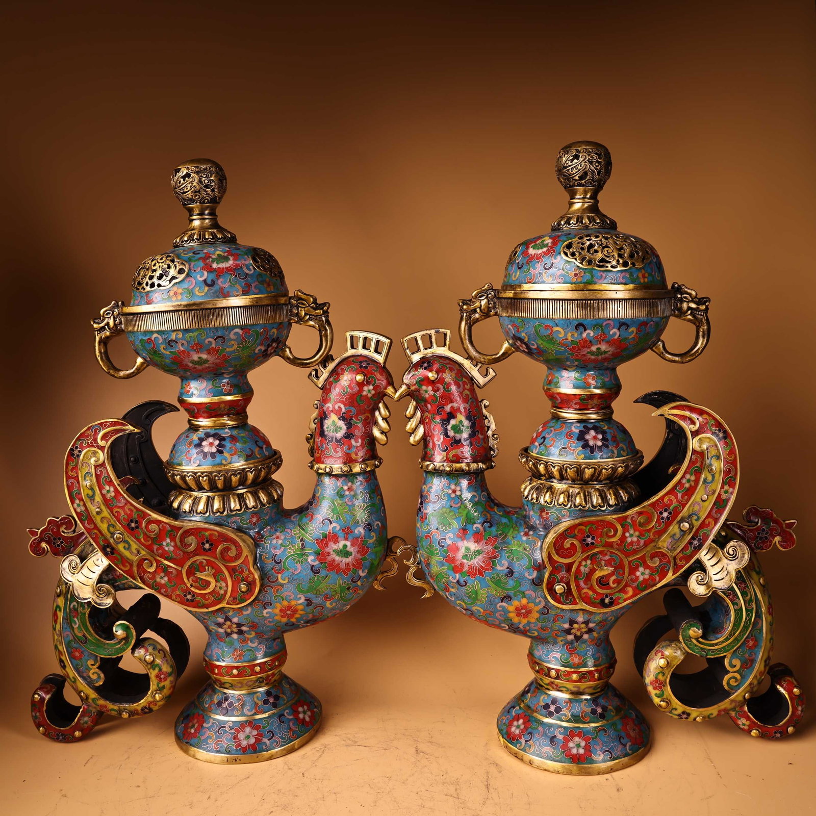 A pair of pure copper cloisonne gilt incense burners: A pair of pure copper cloisonne gilt incense burners, exquisitely crafted and beautifully shaped, each weighing 8900g, 58cm high and 40cm wide. Thank you for viewing our auction and we look forward