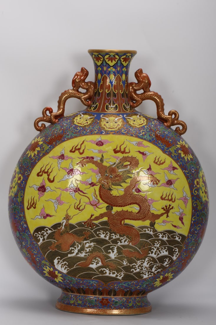 Qing Dynasty, Yongzheng Period, Cloisonne Enamel and Gilded Dragon Teaching Son Double-Eared Moon: A Qing Dynasty, Yongzheng period, cloisonne enamel moon flask with gold-painted dragon and son design, 62.5cm high, 12cm in mouth diameter, 48cm in belly diameter, and 23.5cm in base diameter. Thank