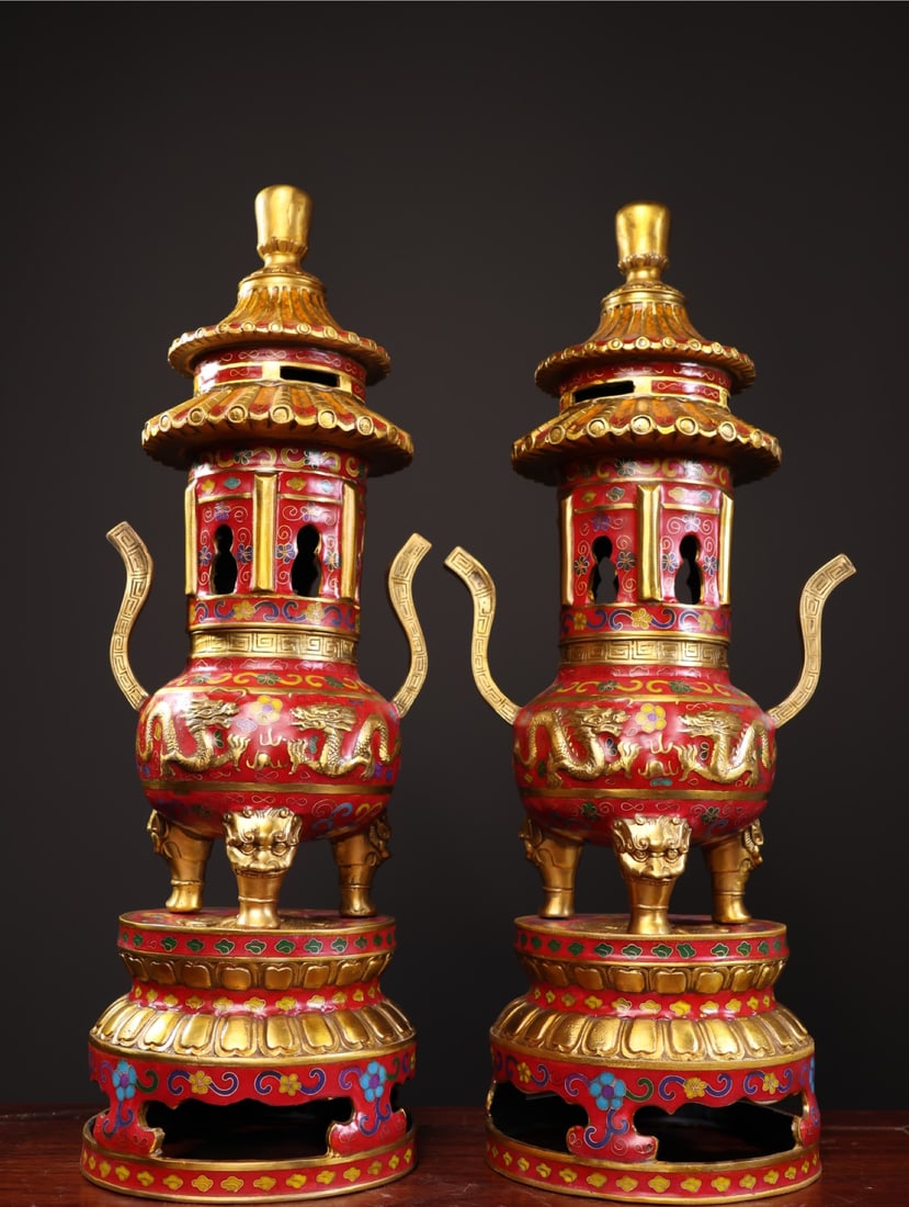 Pure copper gilt cloisonne double dragon playing with a pearl tower incense burner: This is a rare pure copper gilt cloisonne enamel double dragon playing with a pearl pagoda incense burner. It is well-proportioned, purely handmade, and features exquisite cloisonne enamel craftsmansh