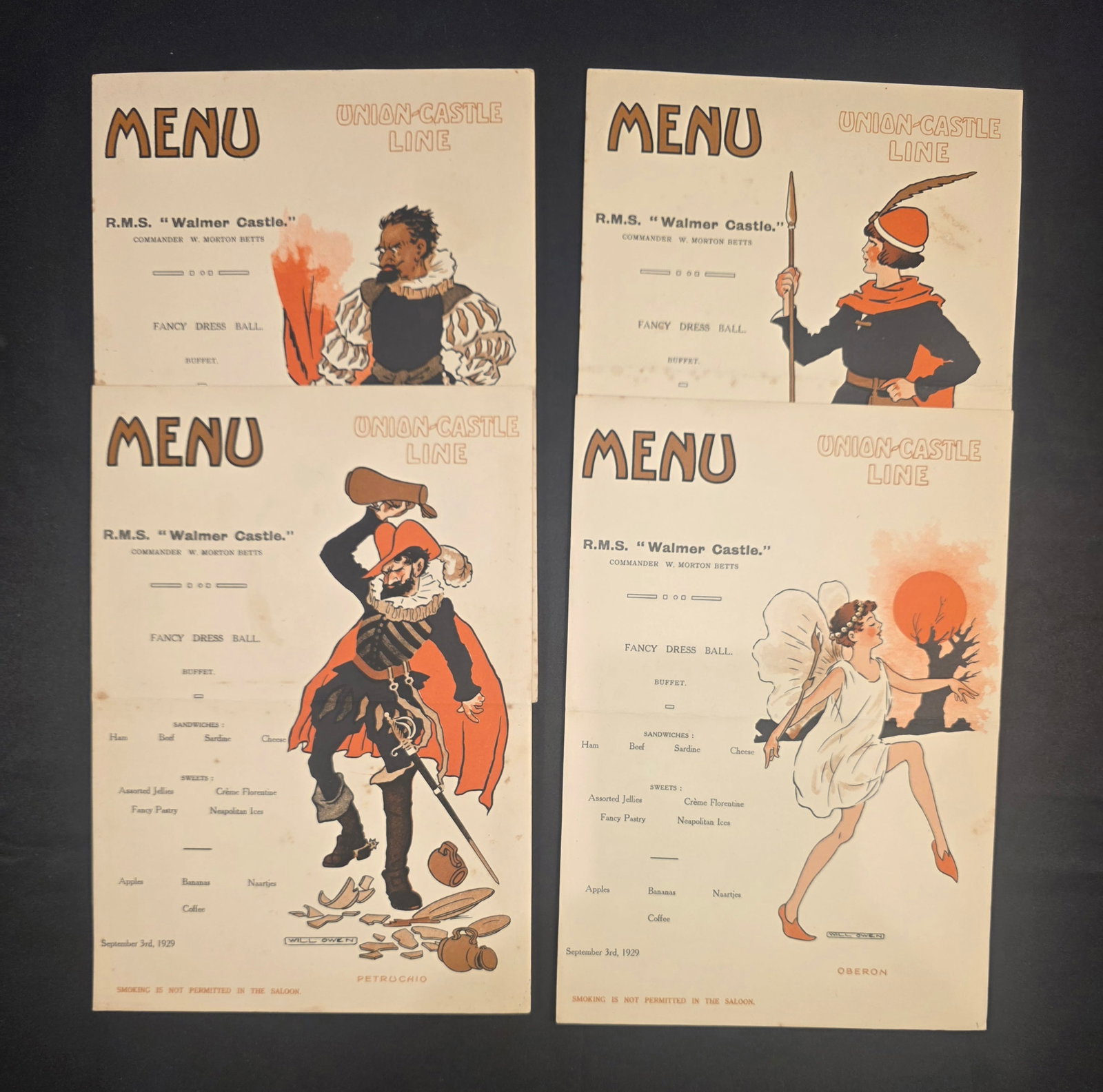 Union Castle Line R.M.M.V. Walmer Castle Menus: Four dinner menus from Union Castle Line's R.M.M.V Walmer Castle. All from September 3rd, 1929 with different covers. 25% of all proceeds from the sale of this lot will be donated to the Raise Your