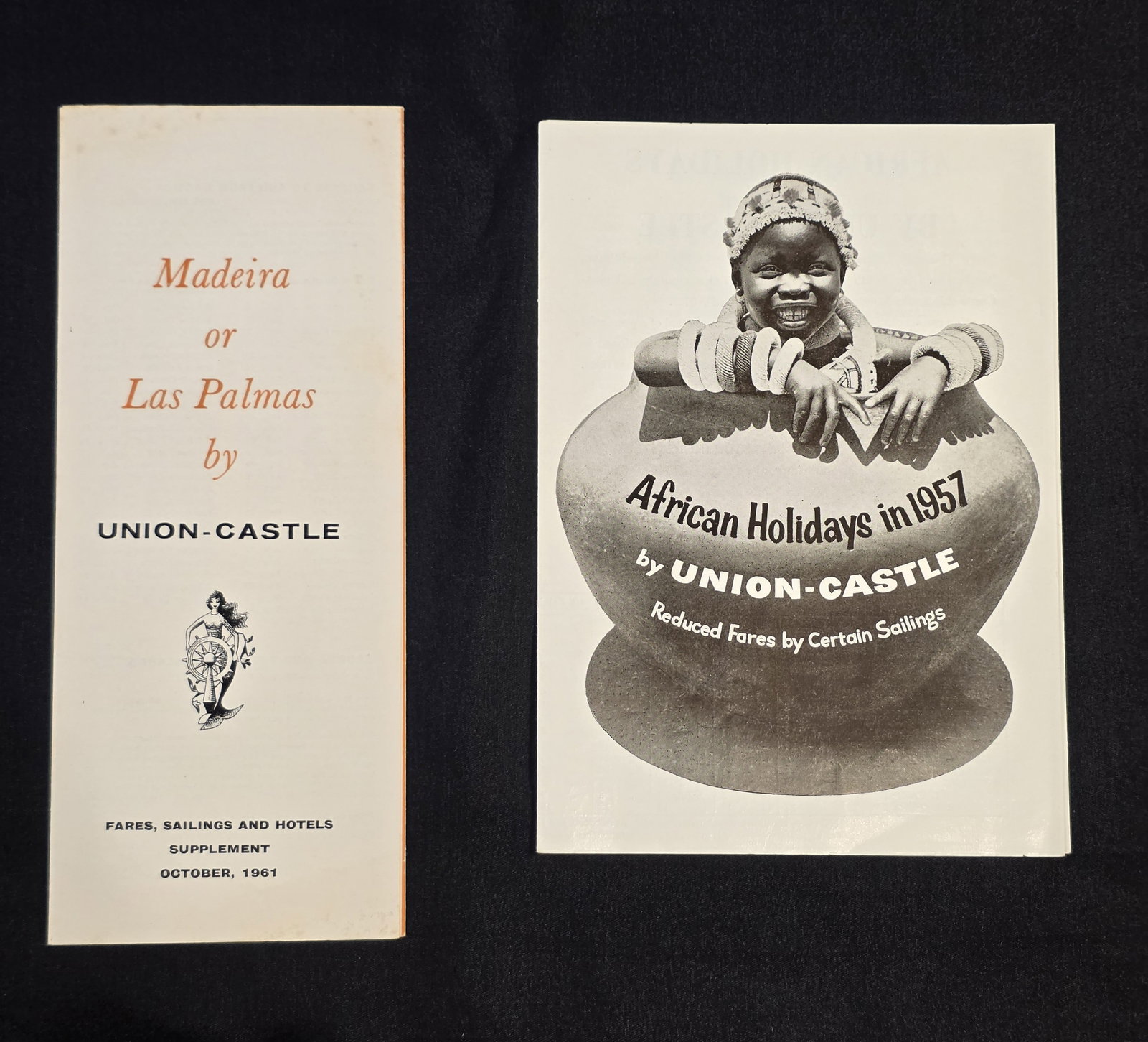 Union Castle Line Brochures: Arican Holiday (1957) and Madiera & Las Palmas Timetable (1961). 50% of all proceeds from the sale of this lot will be donated to the Raise Your Banner Foundation, a Washington DC based non-profit who
