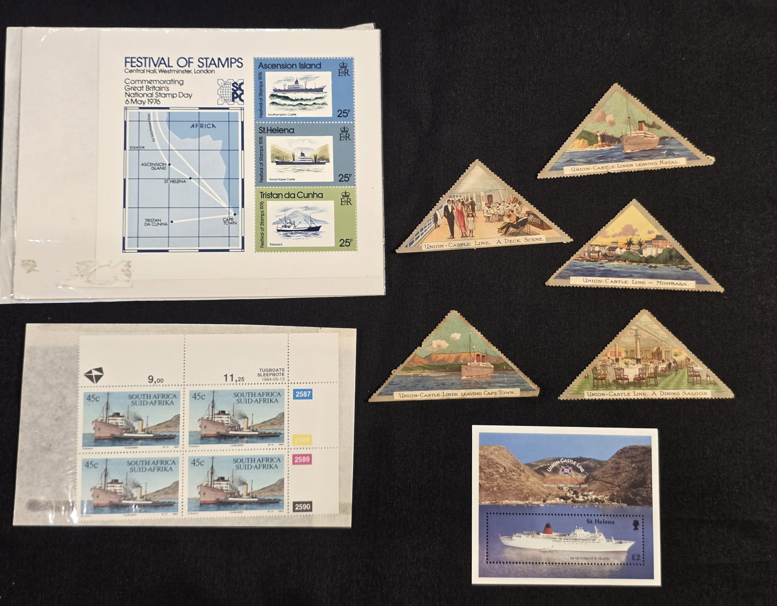 Union Castle Line Stamp Lot: Centenary Voyage at St Helena (2000), Festival of Stamps (May 6th 1976) South African Tugboars (May 13th, 1994) five misc stamps. 50% of all proceeds from the sale of this lot will be donated to the