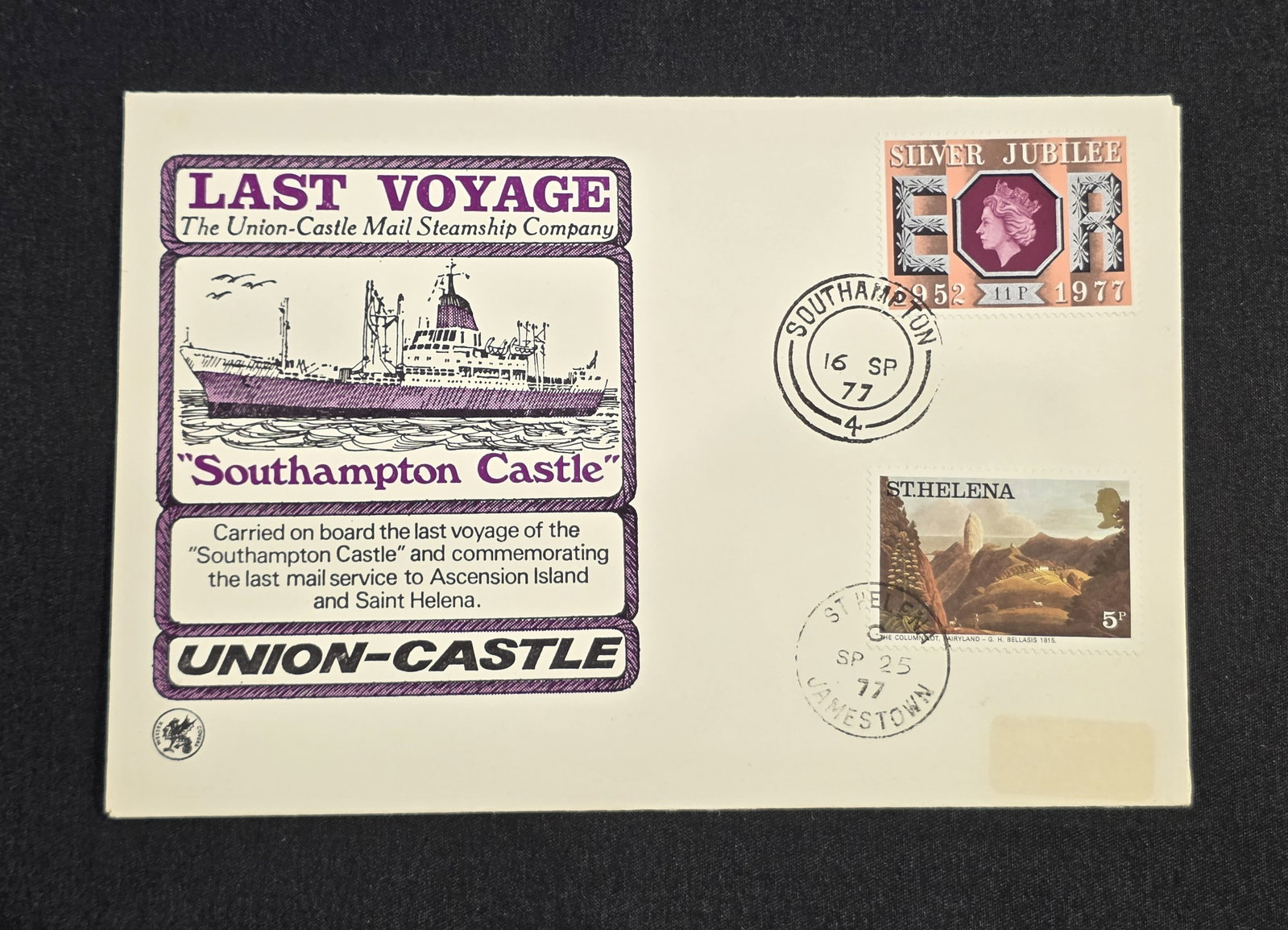 Union Castle Line R.M.M.V. Southampton Castle Last Voyage Postal Cover: Stamped September 16th 1977, St. Helena. 50% of all proceeds from the sale of this lot will be donated to the Raise Your Banner Foundation, a Washington DC based non-profit whose mission is to break