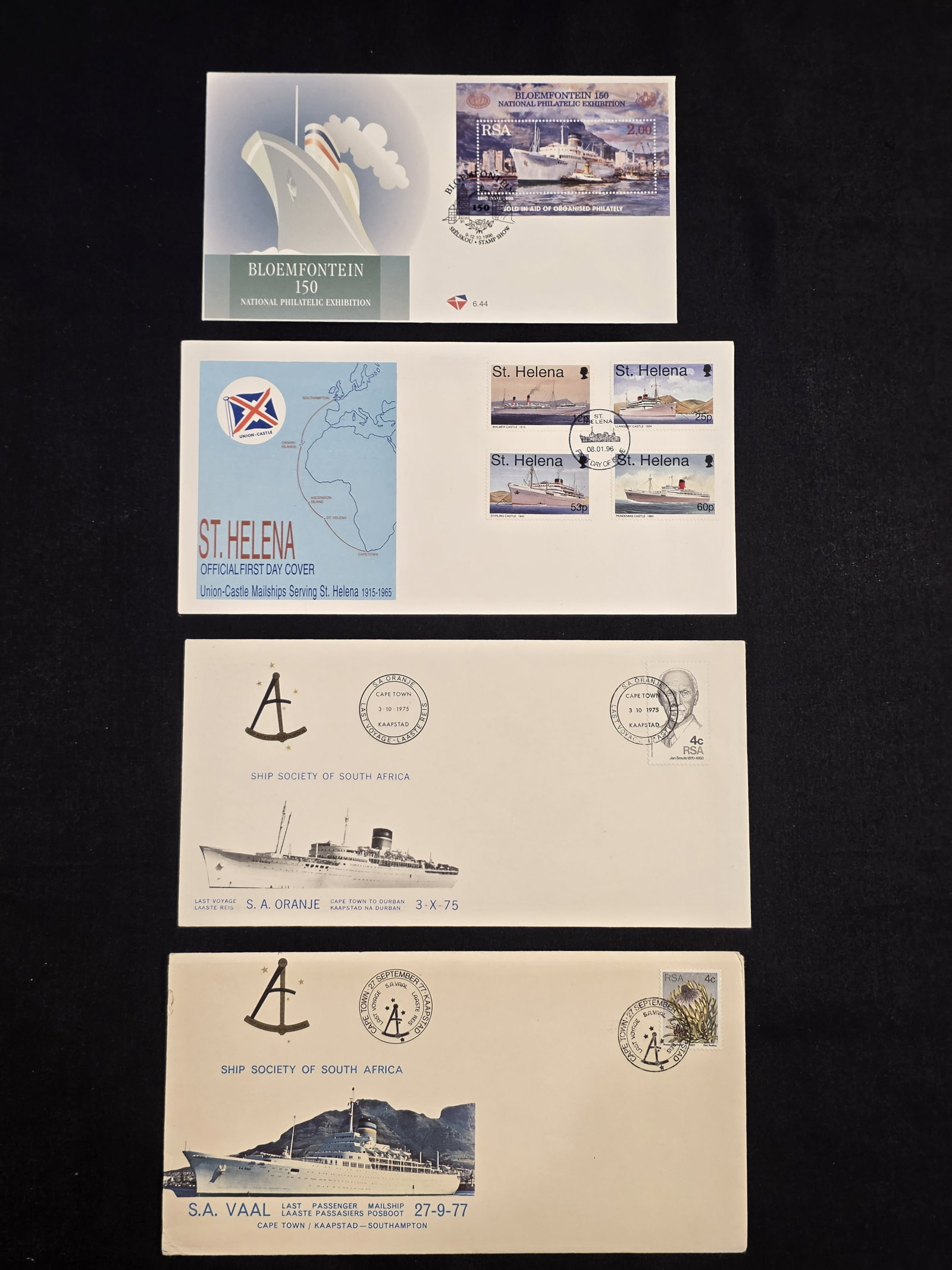 Union Castle Line Postal Covers: Walmer, Llangibby, Stirling, Pendennis Castle, St Helena (August 15th 1996), National Philatelic Exhibition 150 (October 9-12, 1996), S.A. Oranje Ship Society (October 3rd, 1975), S.A. Vaal Ship