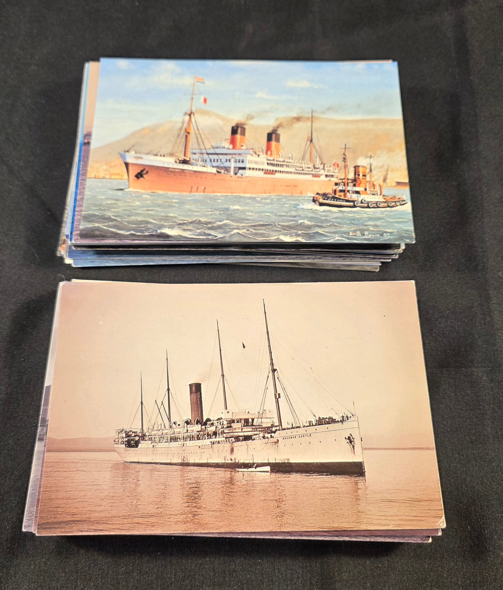 Union Castle Line Post Cards: 81 total. Mix of Union Castle Line ships postcards. 39 Black & White, 42 Color. 50% of all proceeds from the sale of this lot will be donated to the Raise Your Banner Foundation, a Washington DC based
