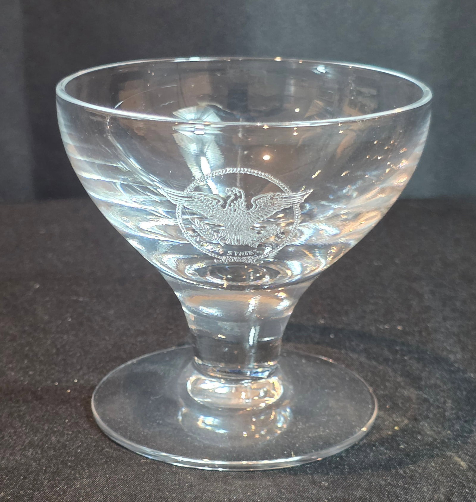 S.S. United States Sherbet Glass: 6oz. Unmarked. Dates from the 1950-60s. 50% of all proceeds from the sale of this lot will be donated to the Raise Your Banner Foundation, a Washington DC based non-profit whose mission is to break do