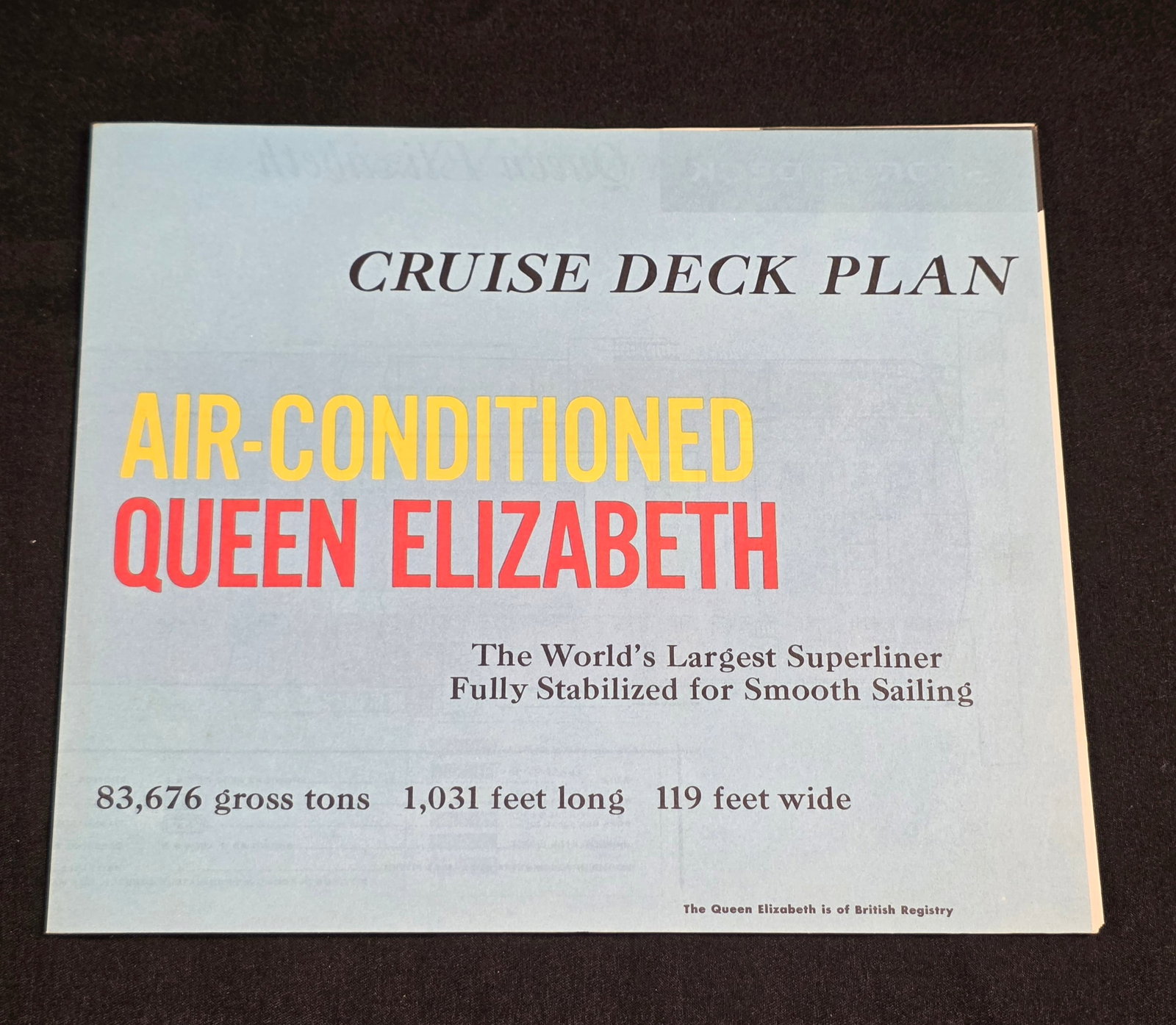 R.M.S. Queen Elizabeth Cruise Deck Plan: Cruise Deck Plan from 1964. 50% of all proceeds from the sale of this lot will be donated to the Raise Your Banner Foundation, a Washington DC based non-profit whose mission is to break down the