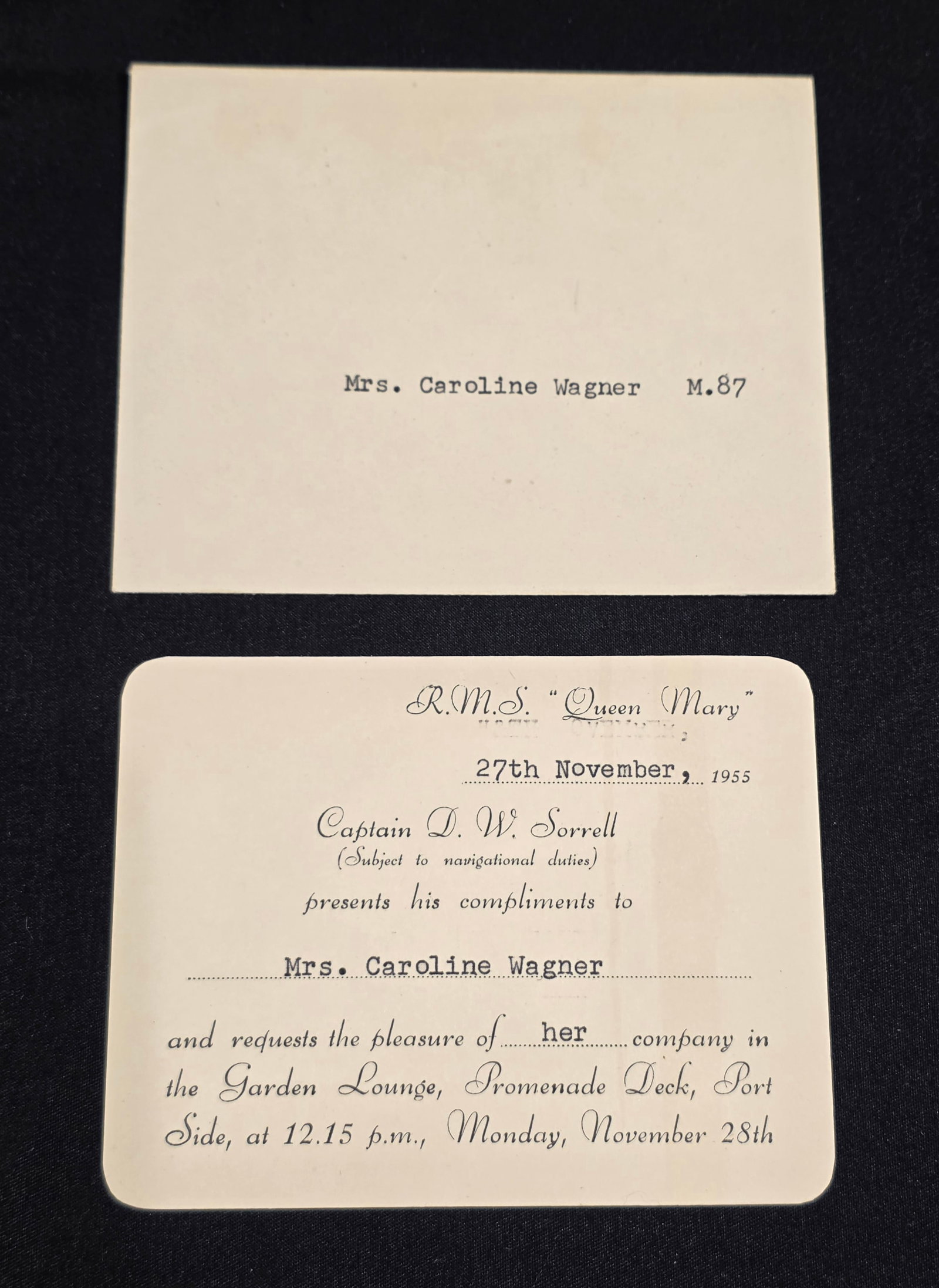 R.M.S. Qeen Elizabeth Garden Lounge Invitation: Garden Lounge invitation from Captain D.W. Sorrel to Mrs. Caroline Wagner for November 27th, 1955, with envelope. 50% of all proceeds from the sale of this lot will be donated to the Raise Your