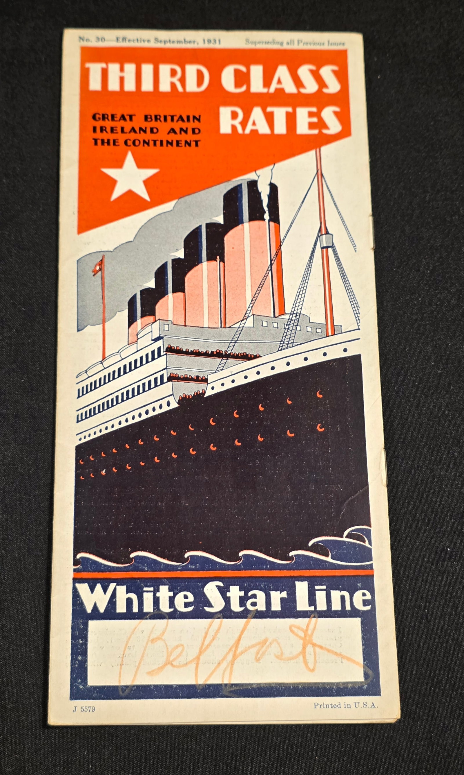 White Star Line Third Class Rates Timetable: For the R.M.S. Olympic, Majestic, & Homeric, dated September 30th, 1931. 50% of all proceeds from the sale of this lot will be donated to the Raise Your Banner Foundation, a Washington DC based