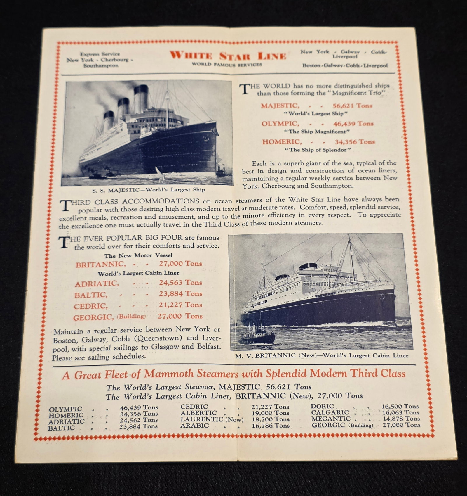 White Star Line Third Class Rates Timetable - 2