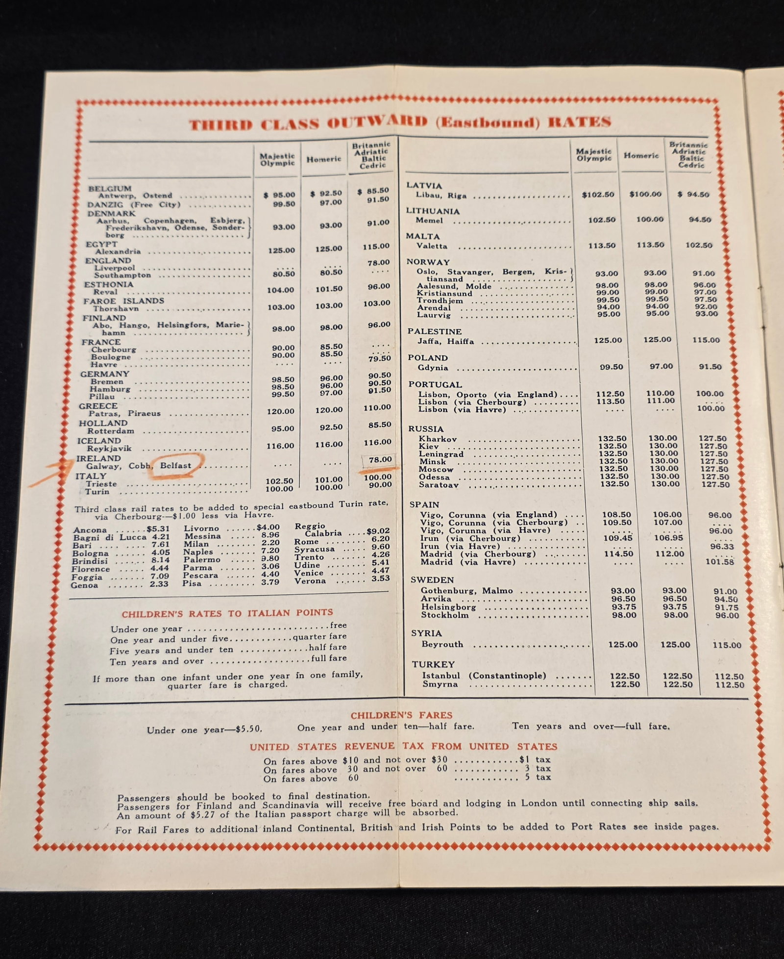 White Star Line Third Class Rates Timetable - 3