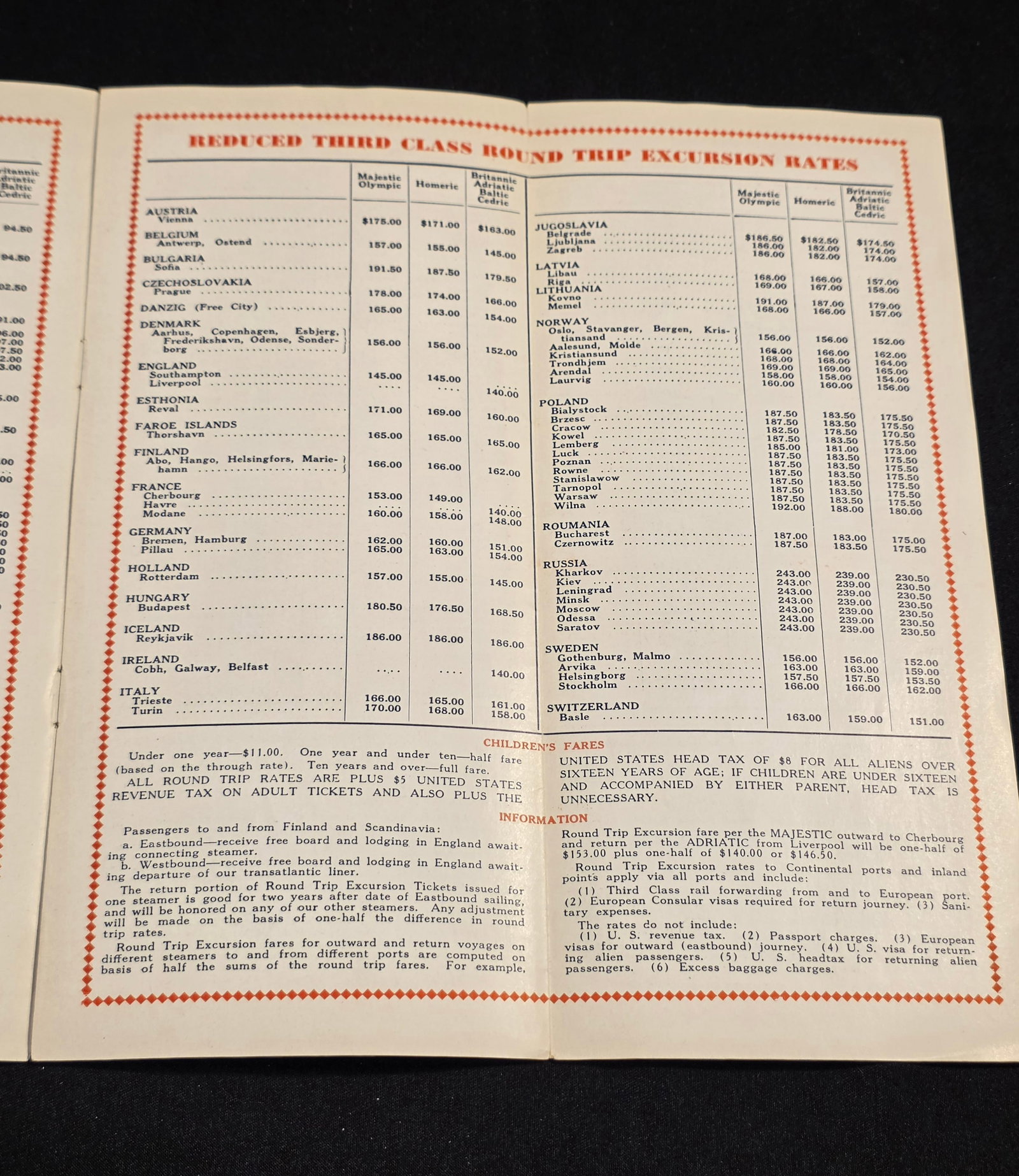 White Star Line Third Class Rates Timetable - 4