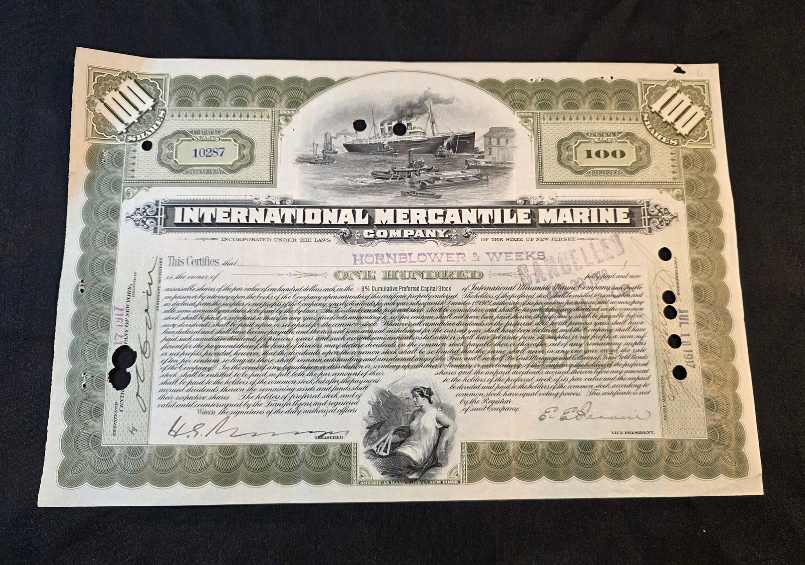 I.M.M. Stock Certificate: International Mercantile Marine Company, 100 shares to Hornblower & Weeks dated July 16th, 1917. 50% of all proceeds from the sale of this lot will be donated to the Raise Your Banner Foundation, a Wa