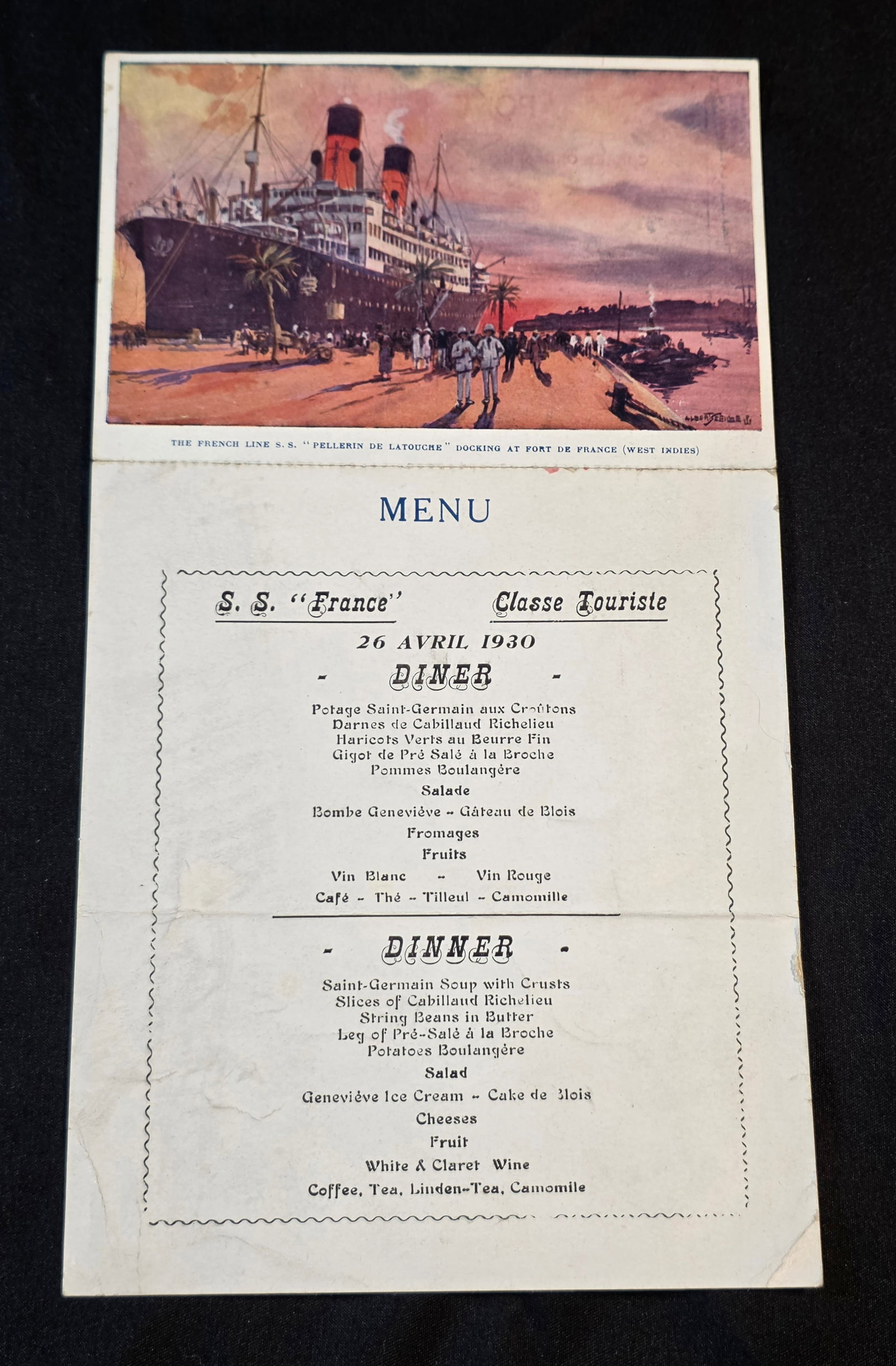 French Line S.S. France Dinner Menu: With, S.S. Pellerin De Latouch postcard, dates from April 26th 1930. 50% of all proceeds from the sale of this lot will be donated to the Raise Your Banner Foundation, a Washington DC based non-profit
