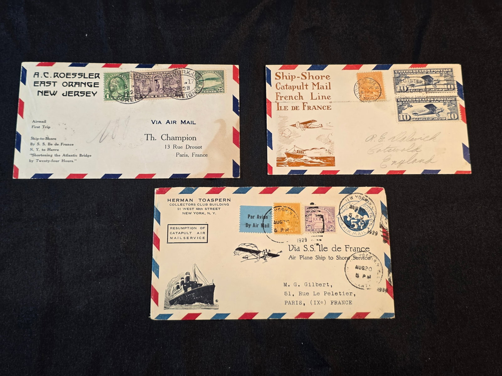 French Line S.S. Ile De France Postal Cover Lot: Three total. Ship to Shore Catapult, August 20th, 1929; Herman Toaspern Collectors Club, August 20th 1929; Airmail First Trip to New York, August 17th, 1928. 50% of all proceeds from the sale of this 