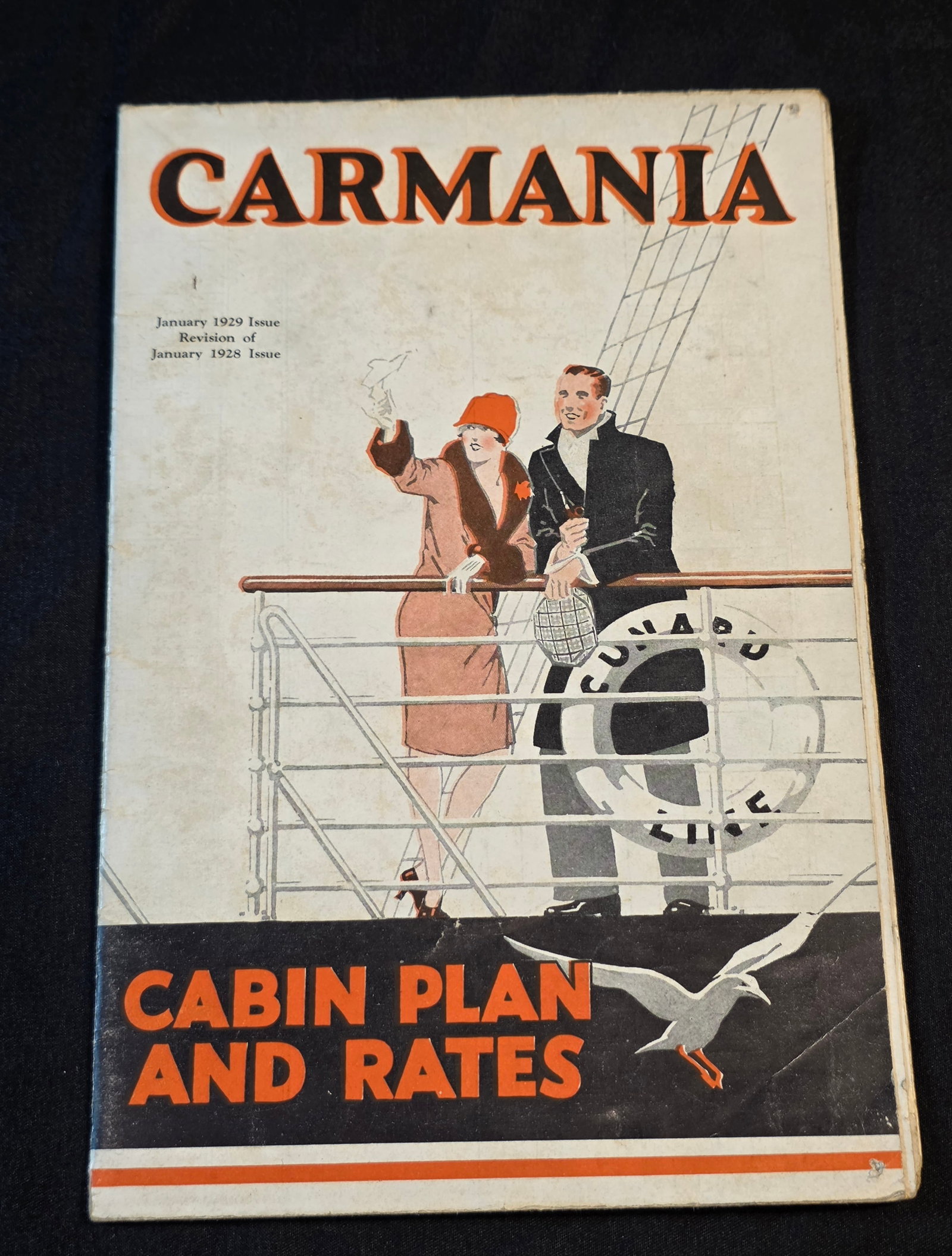 Cunard R.M.S. Carmania Deck Plan and Cabin Rates: Dated January, 1929. 50% of all proceeds from the sale of this lot will be donated to the Raise Your Banner Foundation, a Washington DC based non-profit whose mission is to break down the stigma surro
