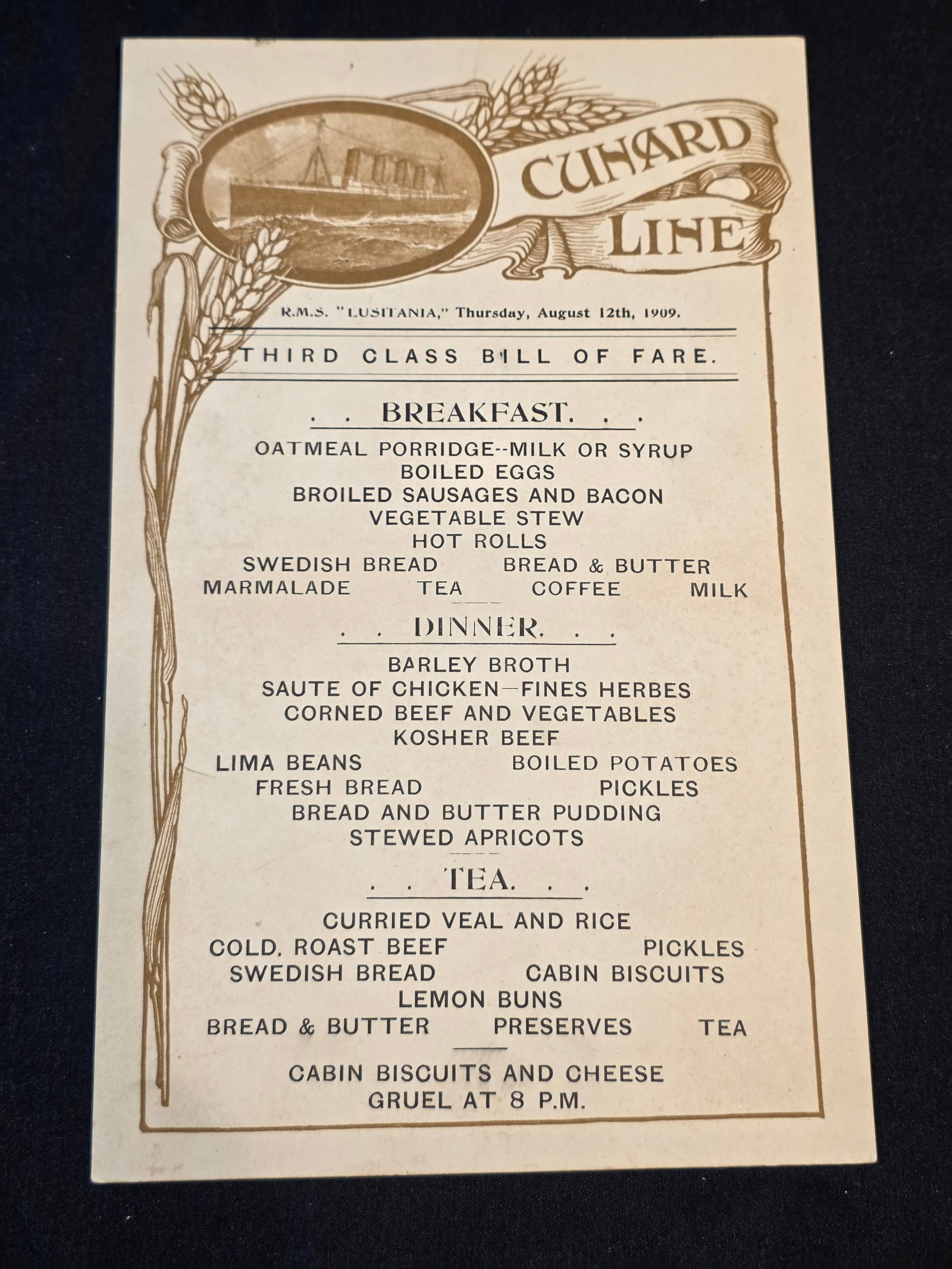 Cunard R.M.S. Lusitana Third Class Breakfast/Dinner Menu (1 of 2)