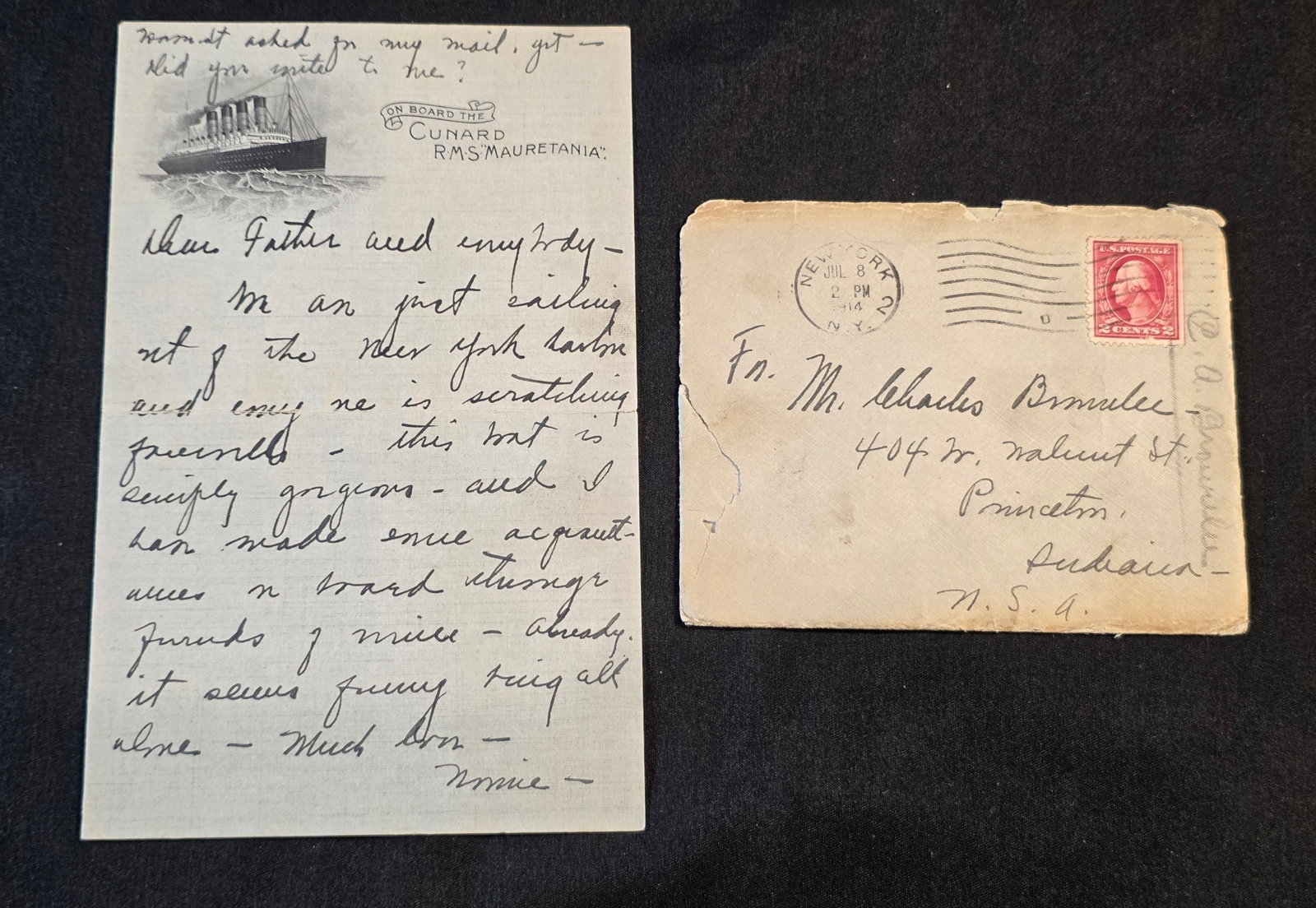 Cunard R.M.S. Mauretania Letter: Dated from July 8th, 1912. 50% of all proceeds from the sale of this lot will be donated to the Raise Your Banner Foundation, a Washington DC based non-profit whose mission is to break down the stigma