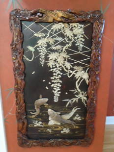 Asian Screens with carved bone & mother of pearl, early: Asian Screens, Carved bone, mother of pearl and lacquer, Japanese, early 20th century; each overlaid with coy fish and plants, set in a carved hardwood frame with pine branches and a bird. Size: 40"