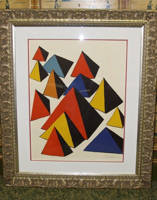 Alexander Calder Untitled Pyramids: 1972 Alexander Calder Untitled Pyramids lithograph signed and numbered 35/125 . 38.5 x 33 inch framed size.