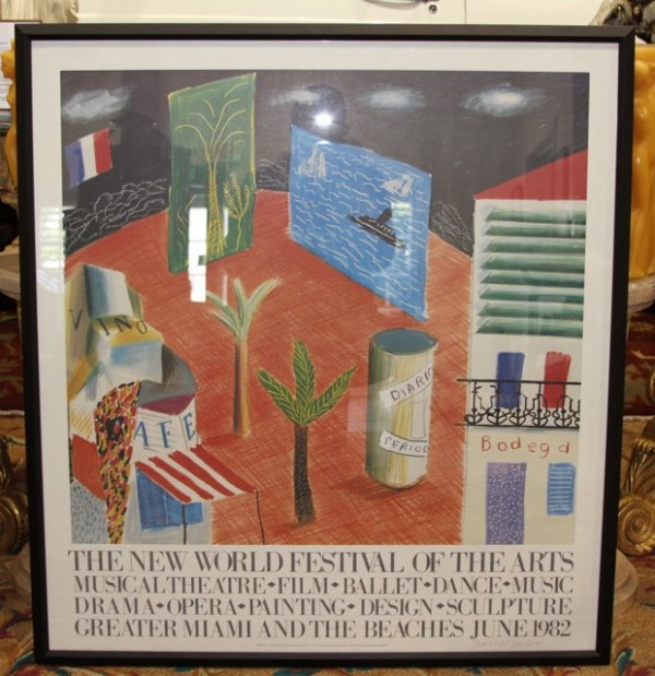 Signed David Hockney Lithograph: 1982 Hockney Detail from The Zanzibar with Postcards and Kiosks set; An original poster designed and created by David Hockney representing a detail from the stage set of The Zanzibar with Postcards an