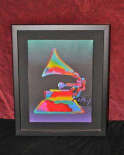 Peter Max Original Oil "Grammy": Peter Max Original Oil on Canvas "Grammy". Image size 16" x 12". Framed size 22" x 17 3/4".