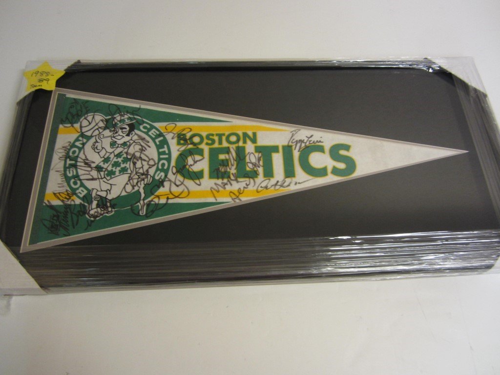 Boston Celtics Signed Display: Boston Celtics multisigned pennant, 16 total signatures, keysignatures: Robert Parrish, KC Jones, Bill Walton, Larry Bird, Danny Ange, Reggie Lewis (D), Dennis Johnson (D), M. Acres, and J Rodgers. Pr