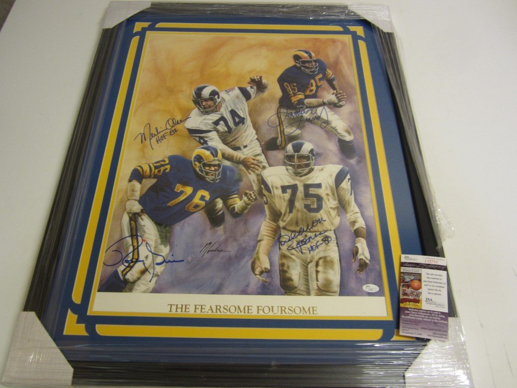 Fearsome Foursome Display: Rosey Grier Merlin Olsen Lamar Lundy Deacon Jones Fearsome Foursome Los Angeles Rams signed poster professionally custom framed and matted. Overall measurements 25"x32". This has been authenticated by