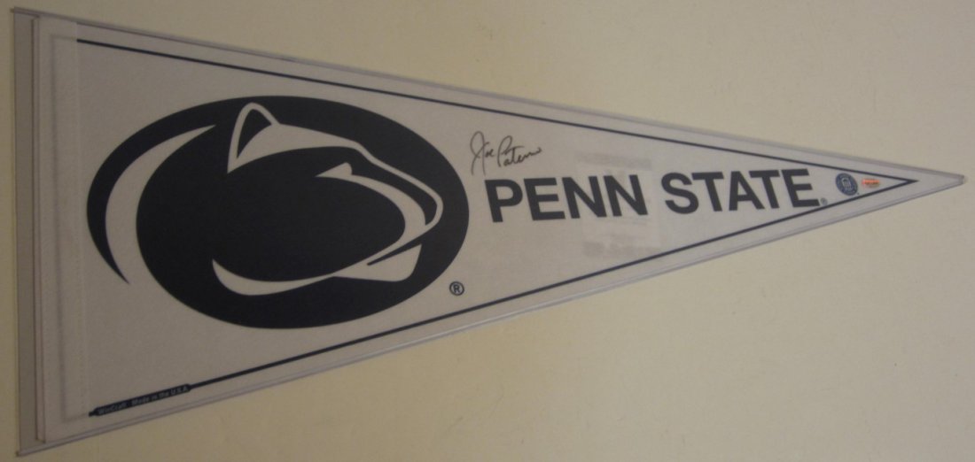 Joe Paterno Signed Pennant: Joe Paterno Penn State Nittany Lions signed full size team pennant, this comes with a certificate of authenticity (COA)