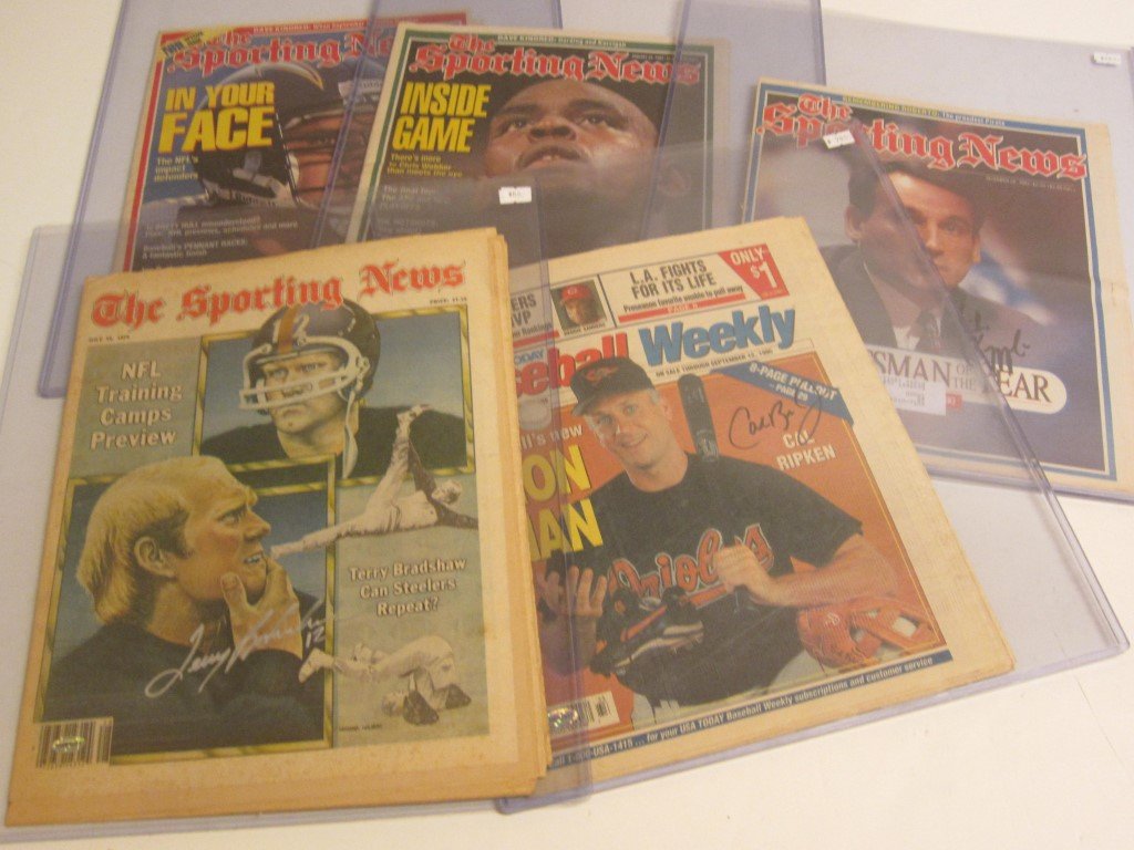 Lot of 5 Signed Sports Magazines: Lot of 5 signed / autographed sports newspapers / magazines. The following is in this lot: Terry Bradshaw Pittsburgh Steelers , The Sporting News July 14, 1979 - Cal Ripken Jr Baltimore Orioles, Baseb