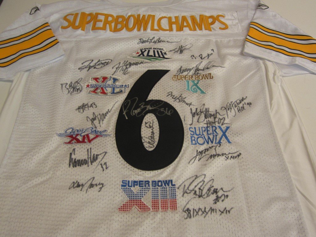 Steelers Super Bowl signed jersey: Pittsburgh Steelers Super Bowl Champs 6 multi signed / autographed jersey. There are 18 signatures on this jersey. Some of who signed this are Franco Harris, Jack Ham, Troy Polamalu, Dick LeBeau, Jero