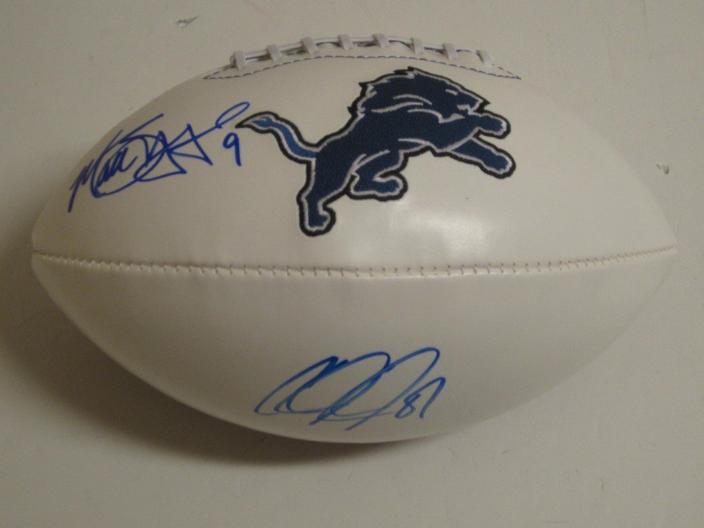 Stafford/Johnson Signed Football: Matthew Stafford Calvin Johnson dual signed / autographed 3 white panel full size football with team logo. This comes with a certificate of authenticity (COA)