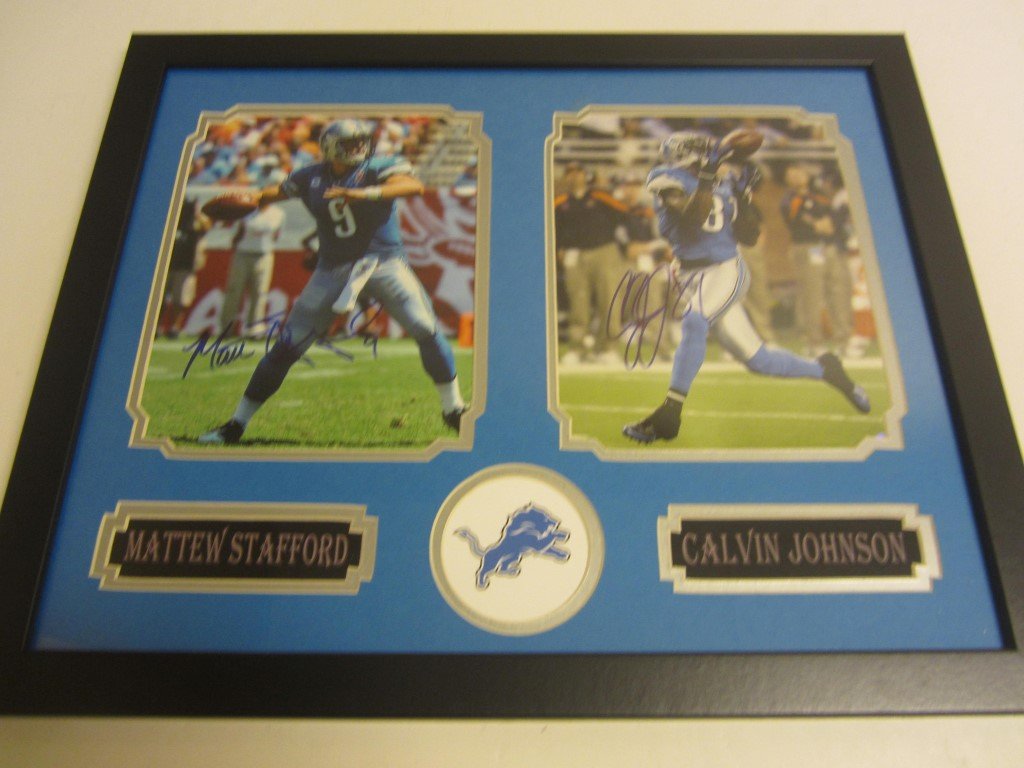 Johnson/Stafford Signed Display: Calvin Johnson Matthew Stafford Detroit Lions signed / autographed 8x10 photos professionally custom framed and matted in the same frame. This comes with a certificate of authenticity. Overall measure