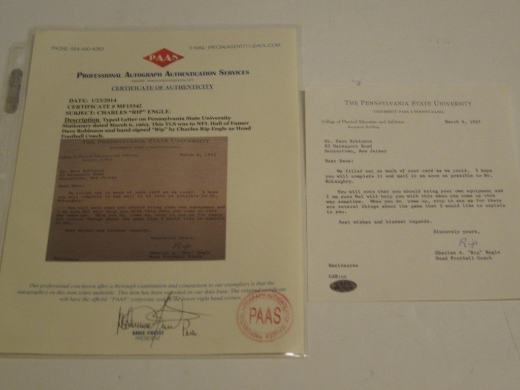 Charles A. Rip Engle signed Letter: This is a hand typed letter from Charles A. "Rip" Engle, one time head football coach of Penn State. This letter is dated March 6, 1963 and is addressed to Dave Robinson, who played for Penn State a