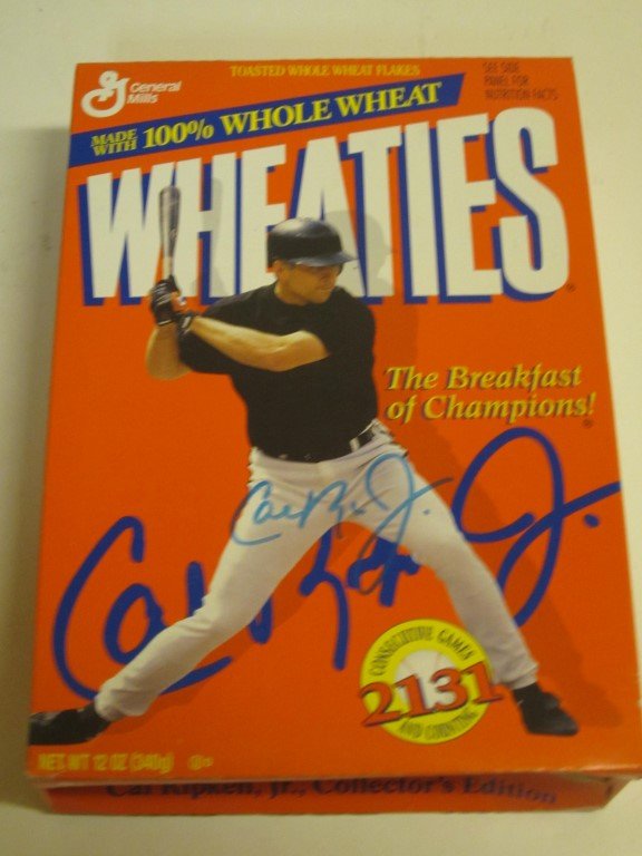 Cal Ripken Signed Wheaties Box: Cal Ripken Baltimore Orioles signed/ autographed commemorative Wheaties box...2131 consecutive games and counting. This comes with a certificate of authenticity