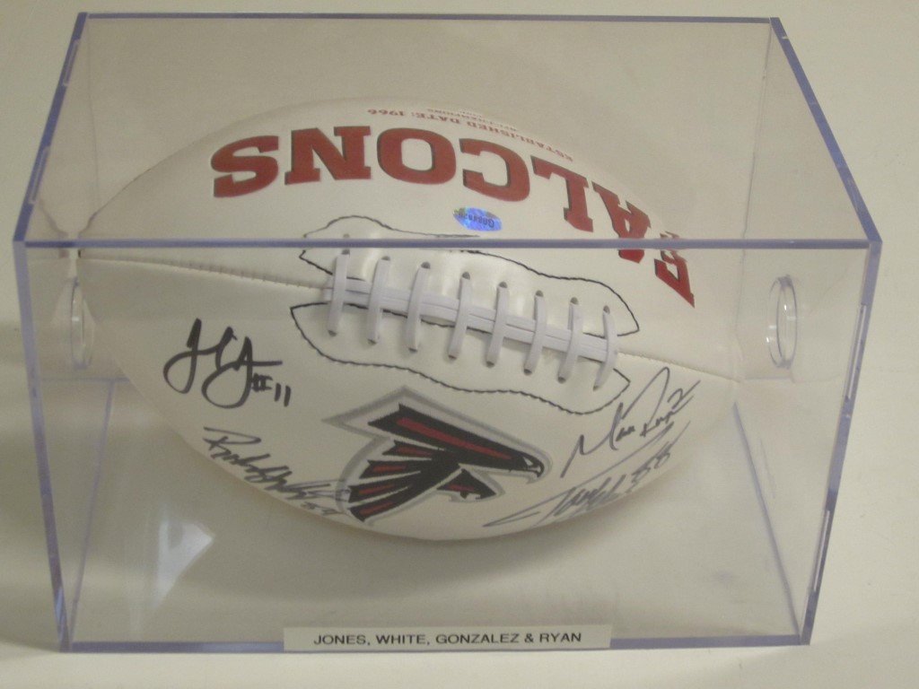 Atlanta Falcons Signed++ Football: Julio Jones, Matt Ryan, Tony Gonzalez, Roddy White Atlanta Falcons multi signed / autographed 3 white panel full size football with team logo. This comes with the display case and a certificate of aut