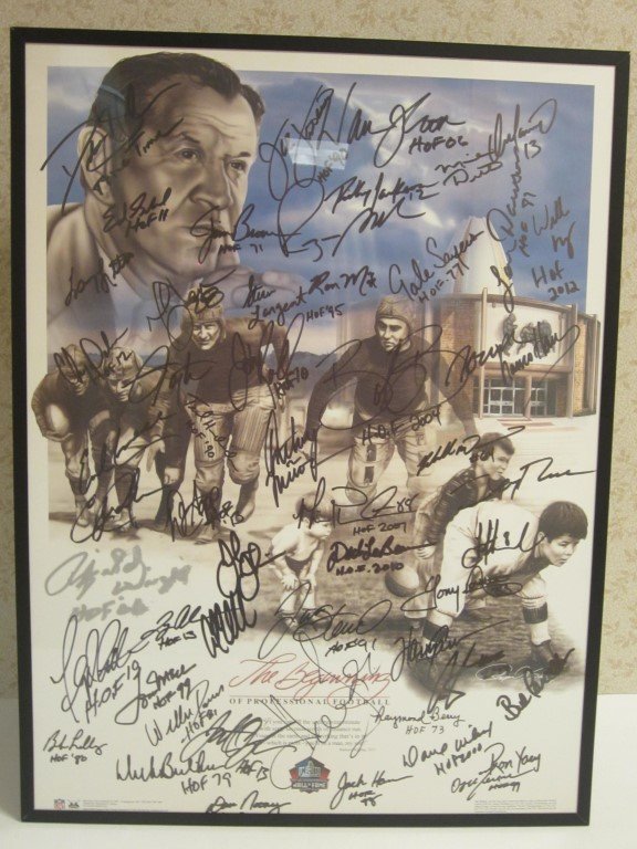 Canton Football Poster signed 45+: Canton Pro Football Hall of Fame Poster signed / autographed by the following: Raymond Berry, Ron Yary, Ozzie Newsome, Jack Ham, Dan Rooney, Bob Lilly, Anthony Munoz, Steve Largent, Jonathan Ogden, La
