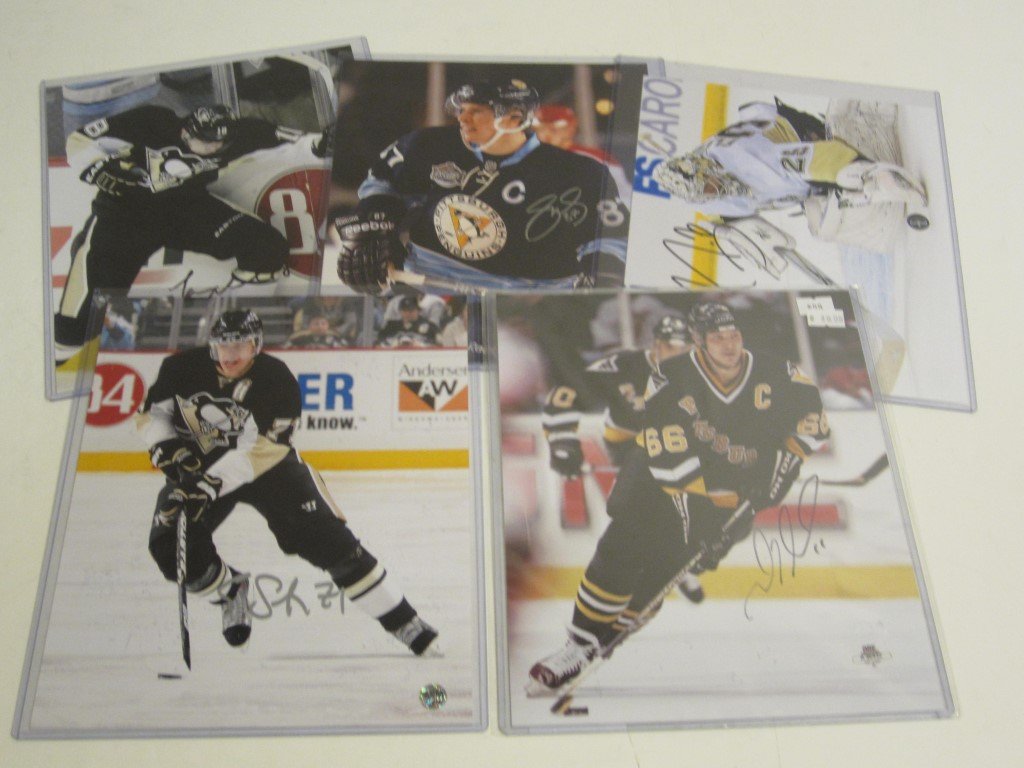 5 Pitts. Penguins Signed Photos: Pittsburgh Penguins Lot of 5 individually signed / autographed 8x10 photos. Included in the lot: Marc-Andre Fleury, Mario Lemieux, Evgeni Malkin, Sydney Crosby, and James Neal. Each come with a coa