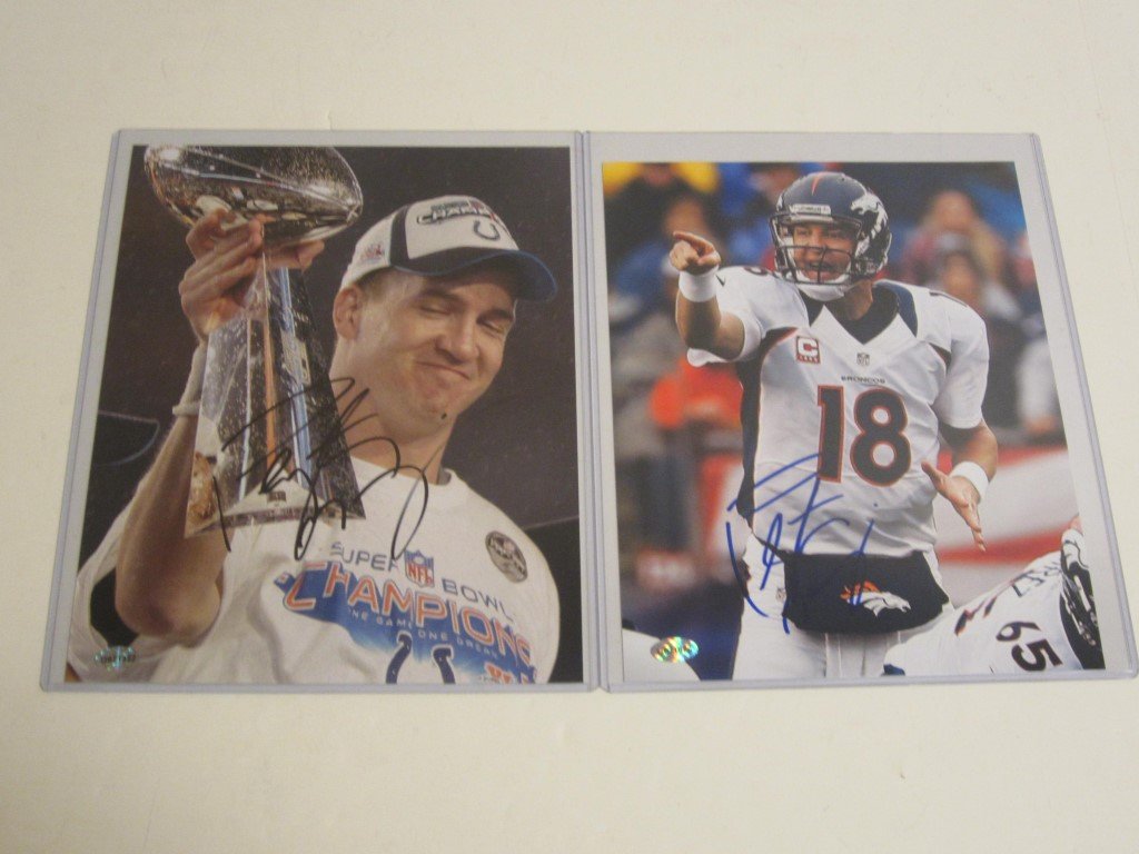 2 Peyton Manning Signed Photos: Peyton Manning Lot of 2 individually signed / autographed 8x10 photos, one from Indianapolis and the other from Denver Broncos. Each come with a certificate of authenticity.