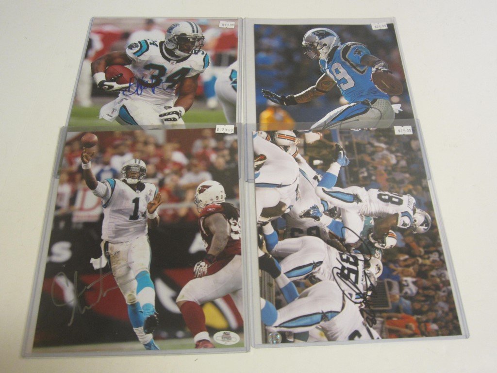 4 Panthers Signed 8x10 Photos: Carolina Panthers Lot of 4 signed / autographed 8x10 photos. Players in this lot: Cam Newton, DeAngelo Williams, jonathan Stewart, and Steve Smith. Each comes with a coa