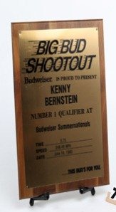 1986 Bud Shootout #1 Qual Atl.: 1986 Big Bud Shootout Car No. 1 Qualifier wood plaques noting date, e.t. Southern Nationals Atlanta Appraised Value: 350