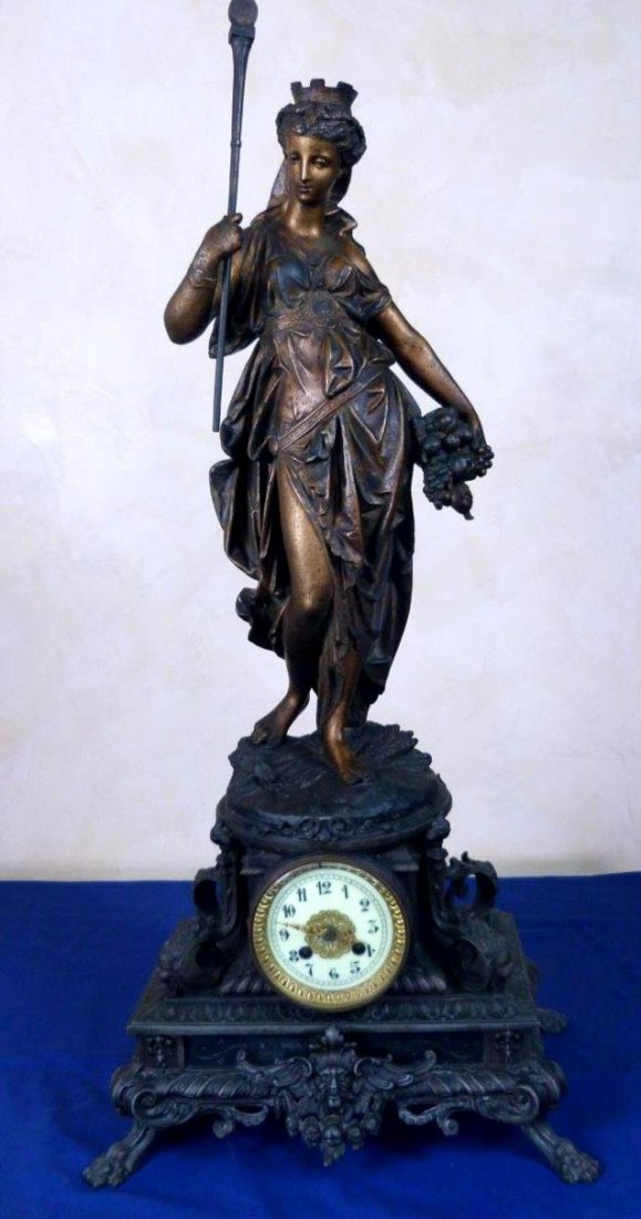 FRENCH PATINATED SPELTER AND MARBLE FIGURAL MANTEL (1 of 3)