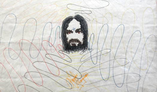 Charles Manson 12 X 18 felt tip marker self-portrait: Charles Manson 12 X 18 felt tip marker self-portrait artwork on white paper. This sketch was done in 1981-1982 and was sent by Charles Manson directly from prison . The felt tip drawing is in Very G