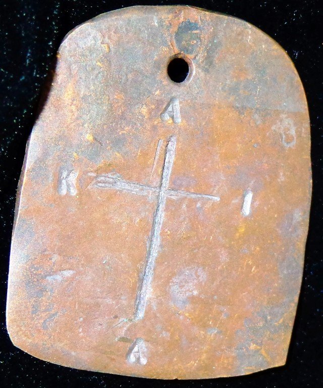 KKK- Ku Klux Klan - Small Copper Pendant Stamped 100%: Small Copper Pendant Stamped 100%, Cross w/A1AK, uneaven/odd shapped about (1 3/8 x 1 1/8in) (One of a kind.)