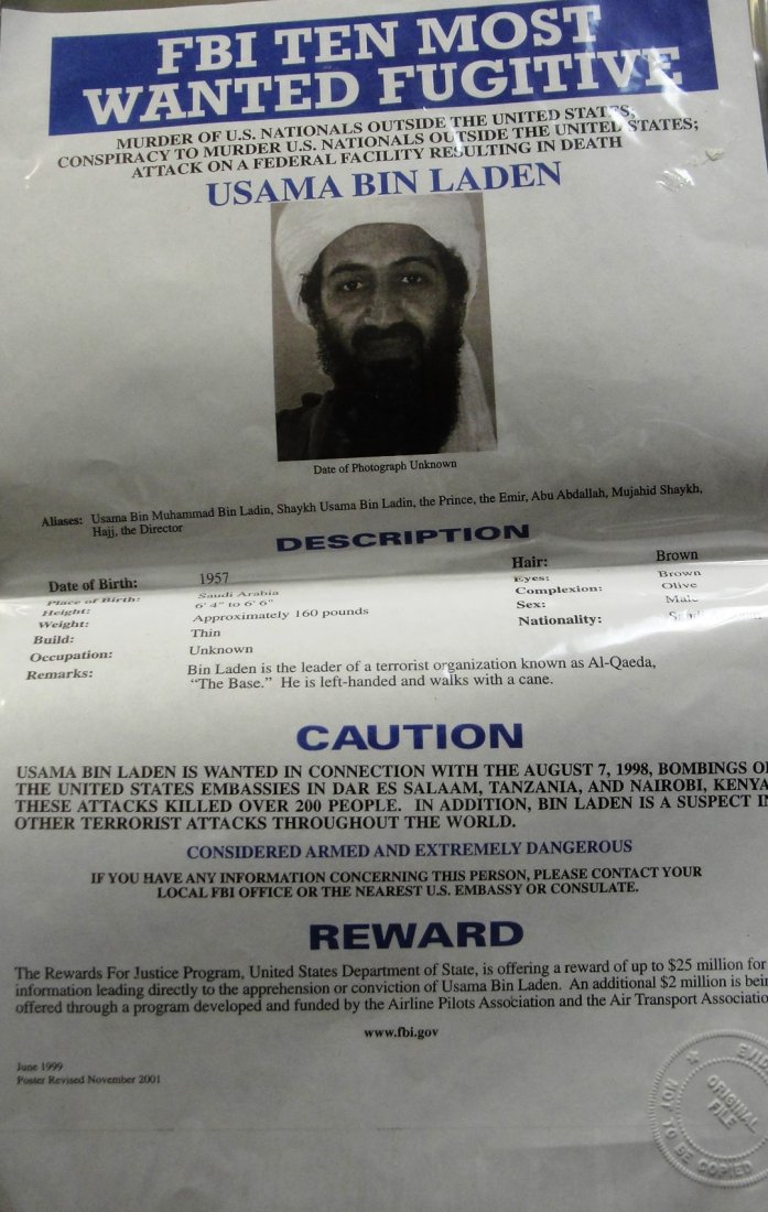 Bin Laden Wanted Poster-/ Original and rare ''FBI Ten: Bin Laden Wanted Poster-/ Original and rare ''FBI Ten Most Wanted Fugitive'' poster for the Al-Qaeda terrorist leader Osama Bin Laden (spelled here ''Usama''). Poster is the ''blue'' version, revised 